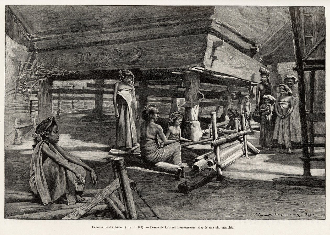 Batak vrouwen, etnische groep uit Noord-Sumatra, aan het weven. Gravure door Laurent Desrousseaux ter illustratie van het verhaal 