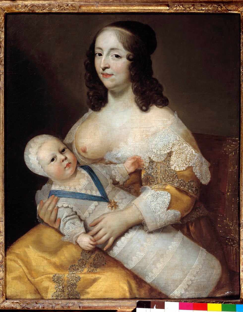 Voorstelling van de toekomstige koning Lodewijk XIV als baby, in een zwempak in de armen van zijn verpleegster Marie de Longuet de la Giraudiere door Henri Beaubrun