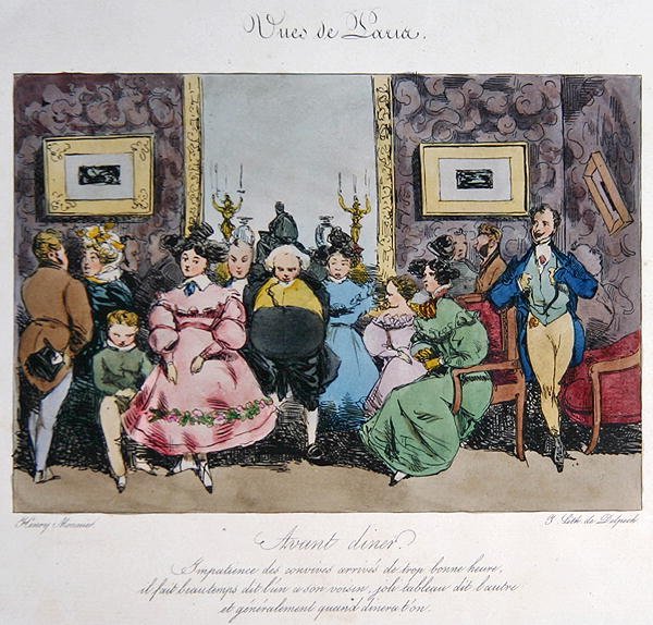Humoristische weergave van het gedrag en de conversatie van gasten voor het diner, gegraveerd door Francois Seraphin Delpech (1778-1825) door Henri Bonaventure (after) Monnier