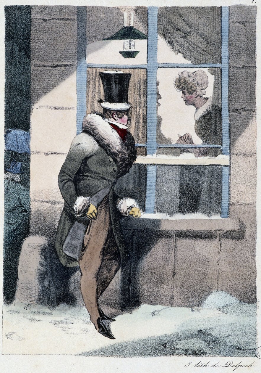 Nieuwsgierige man die uit het raam kijkt in een huis: "Iedereen vindt zijn plezier waar hij het vindt" - in "Les pastemps" door Henri Monnier, ed. Delpech, Parijs door Henri Bonaventure Monnier
