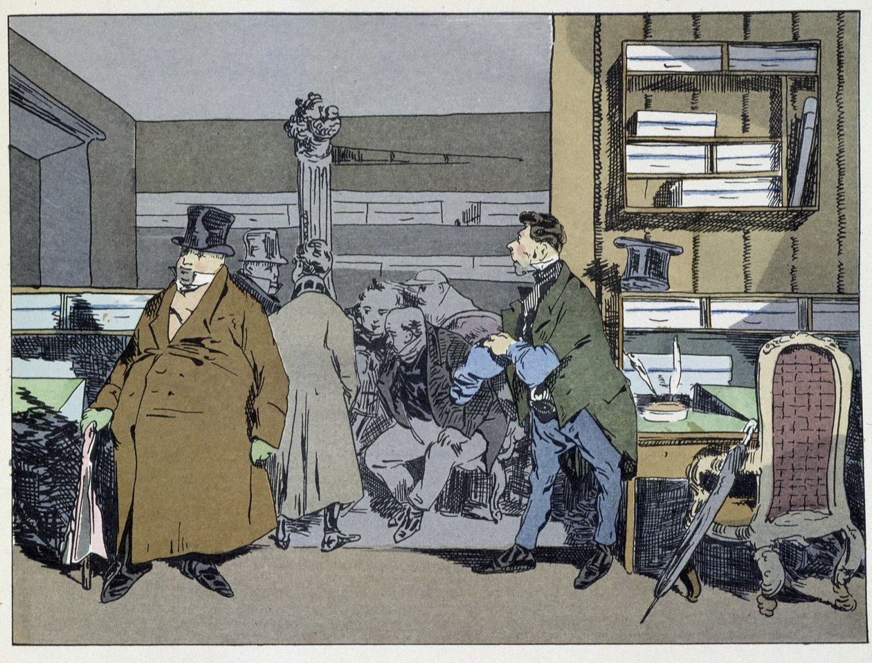 Negen uur: aankomst van werknemers, kostuumwissel, kleine rondleiding door de kachel - in "Administrative mores" door Henri Monnier door Henri Bonaventure Monnier
