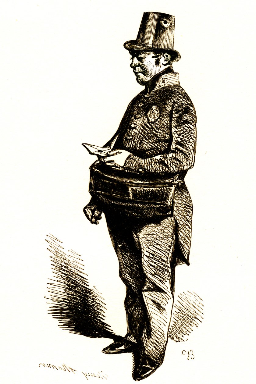 De postbode, een brief in de hand (gravure door Henri Bonaventure Monnier