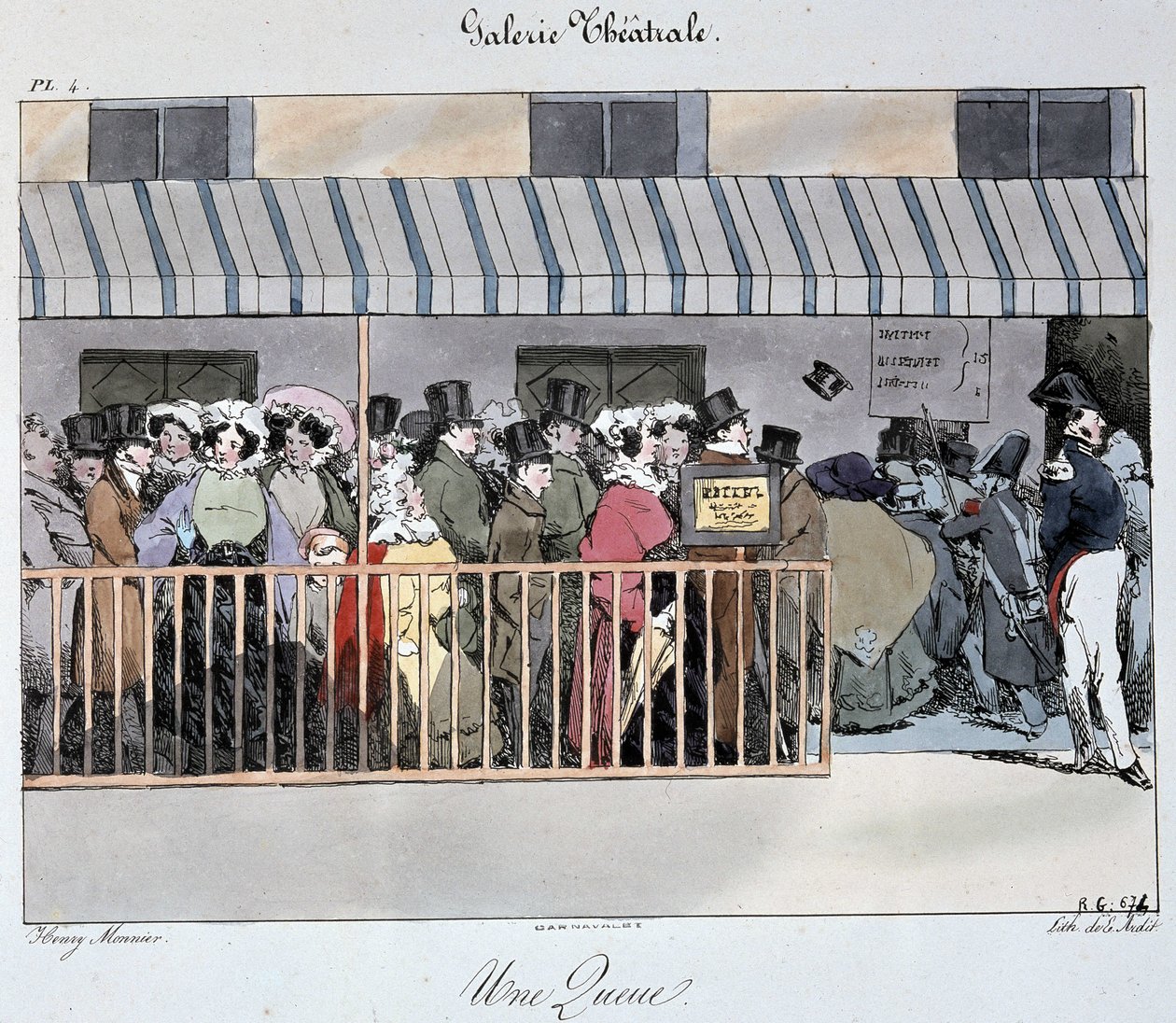 Theatergalerij: een rij bij de ingang - Tekening door Henri Monnier, Carnavalet door Henri Bonaventure Monnier