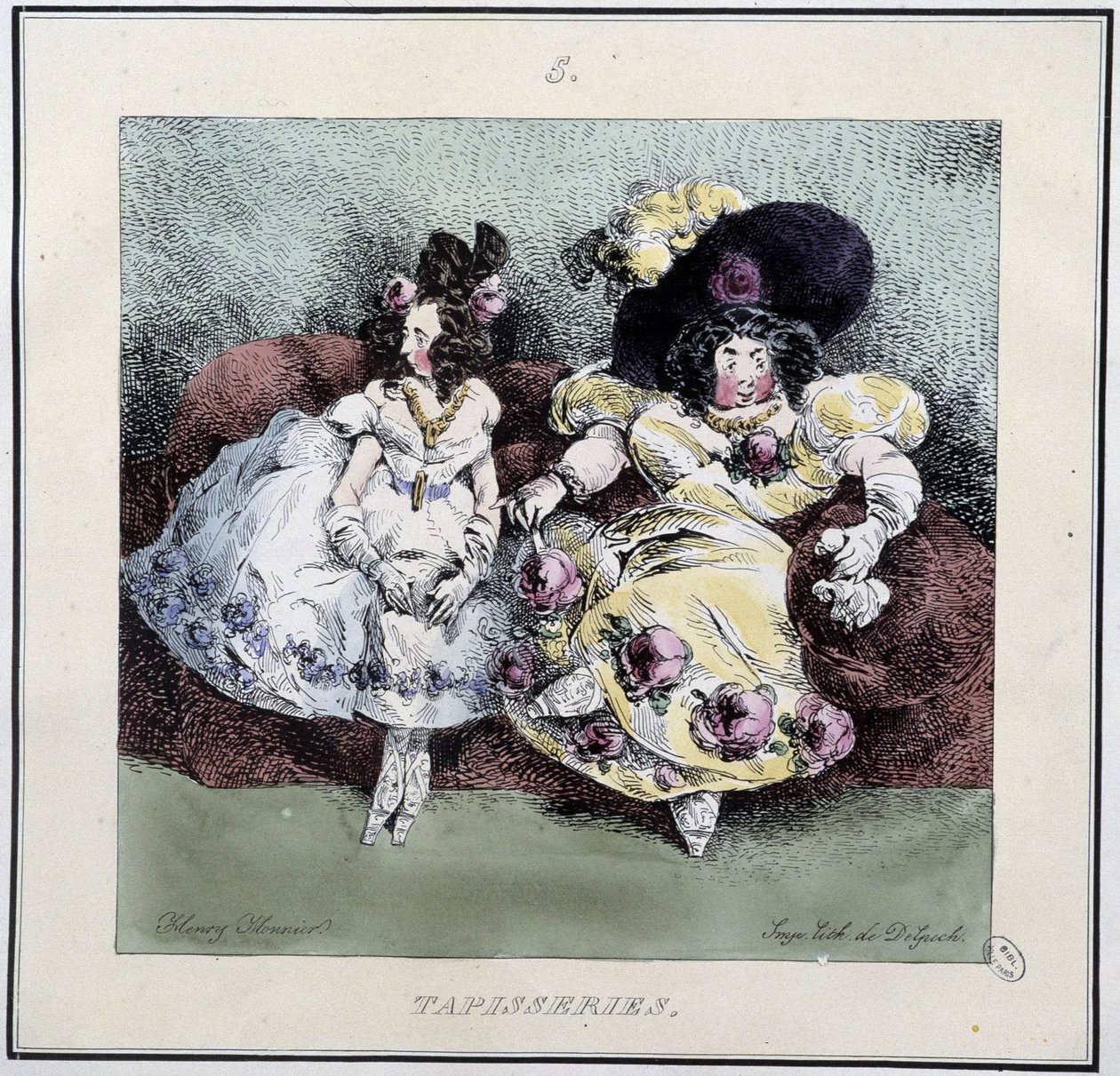 Lelijke vrouwen die "tapisserie" maken zittend in een woonkamer - in "Parisiennes" door Henri Monnier, ed. Delpech, Parijs door Henri Bonaventure Monnier
