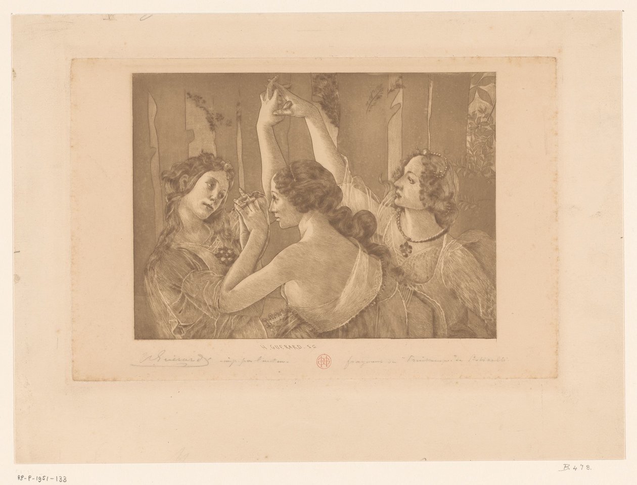 Drie gratiën van de Primavera door Henri Charles Guérard (signed by artist)