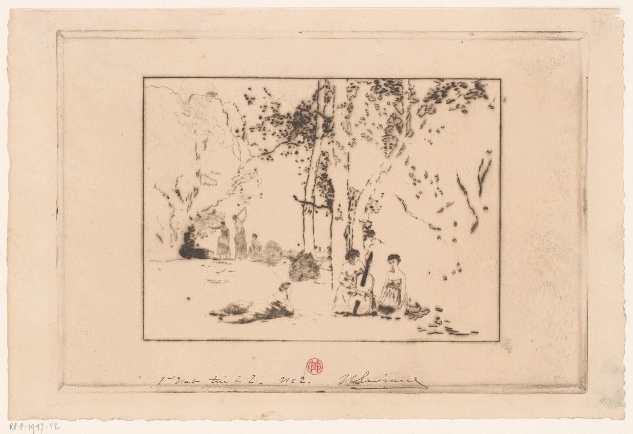 Musicerende vrouwen onder een boom door Henri Charles Guérard (signed by artist)