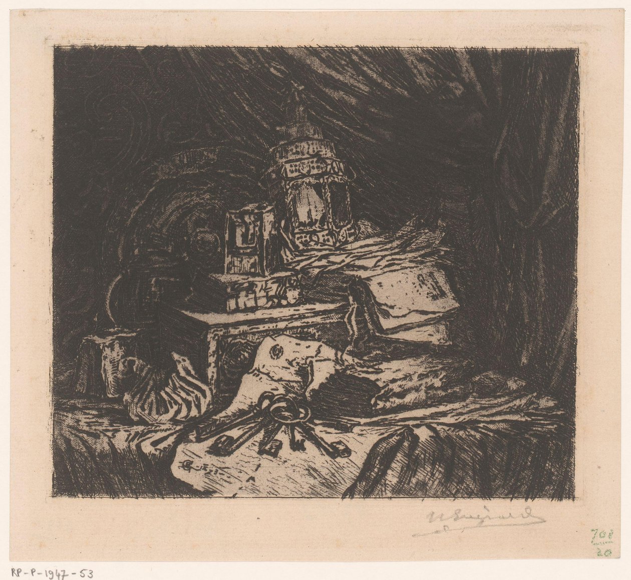Stilleven met sleutels en lantaarn door Henri Charles Guérard (signed by artist)