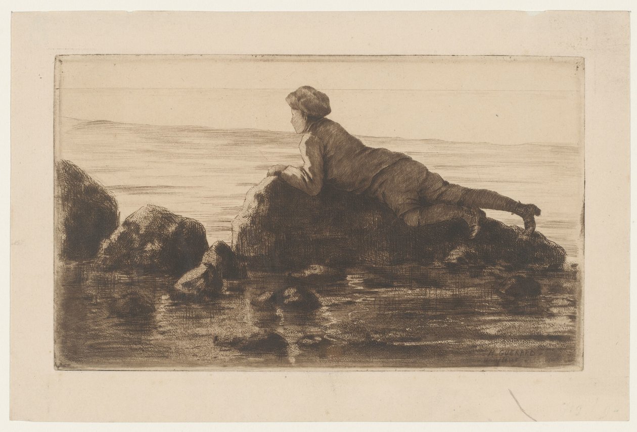 Jongen liggend op rotsblokken op het strand door Henri Charles Guérard