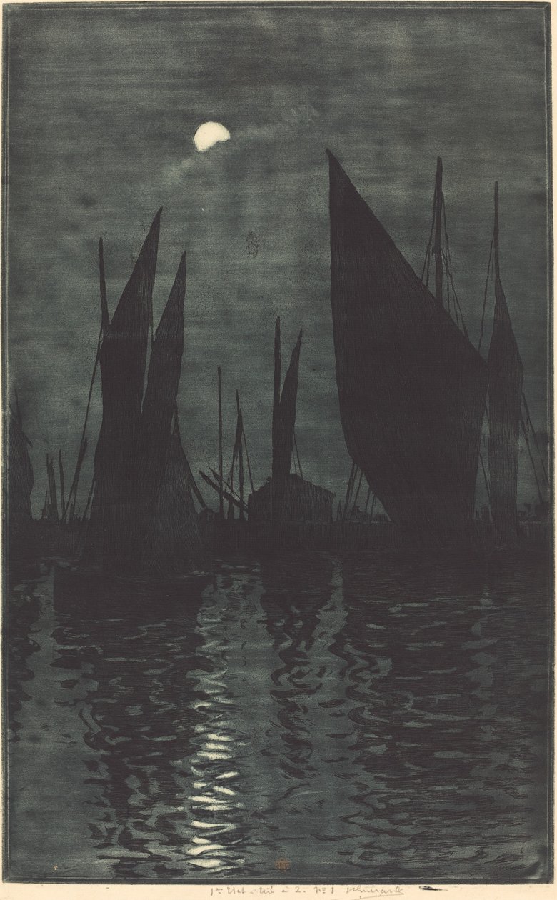 Maanlicht in de Haven van Dieppe door Henri Charles Guérard