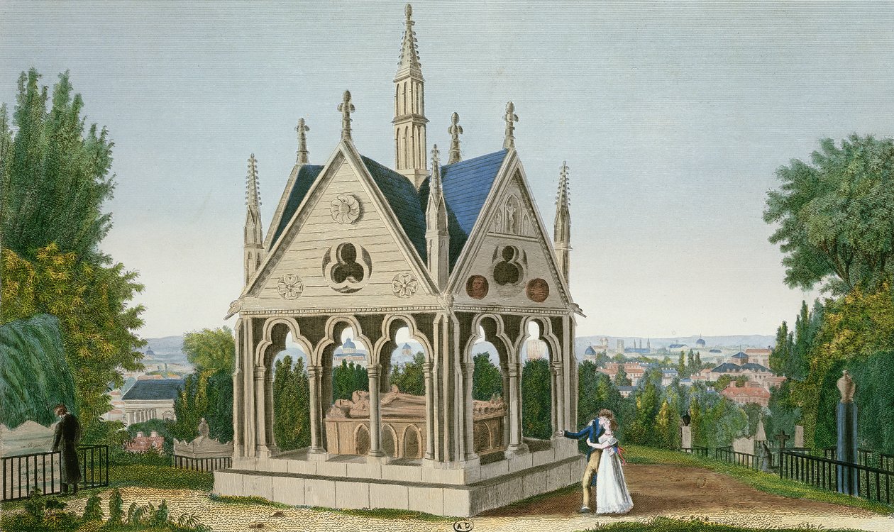 Het graf van Heloise en Abelard op de Père Lachaise begraafplaats, 1815-20 (kleurgravure) door Henri Courvoisier Voisin