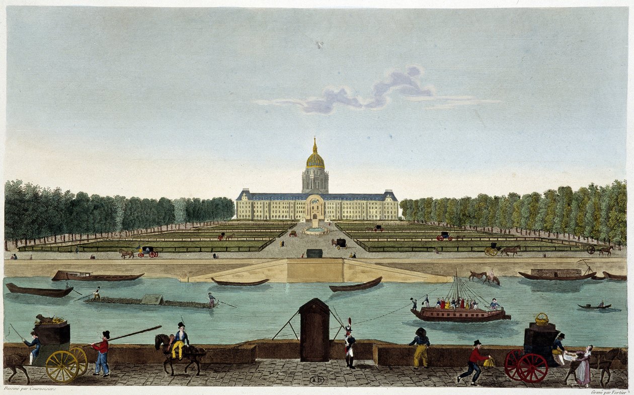 Zicht op het Champ de Mars en het Hôtel des Invalides genomen aan de andere kant van de Seine (Cours la Reine) - in 
