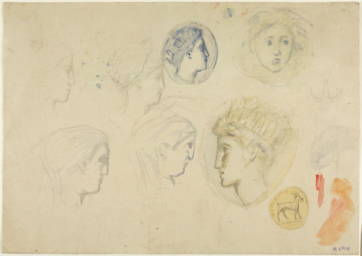 Schetsen: Profielhoofden, munten of medailles (recto); bomen (verso) door Henri Cros