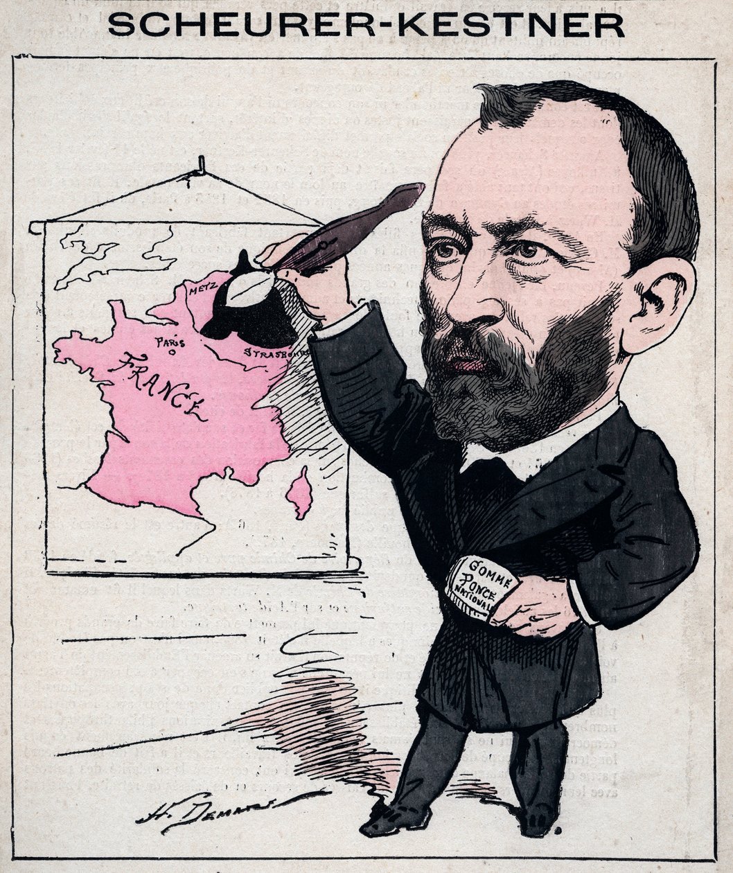 Portret van Auguste Scherer-Kestner (Scheurer Kestner) (1833-1899) chemicus, industrieel en Elzasser politicus - karikatuur door Henri Demare in 