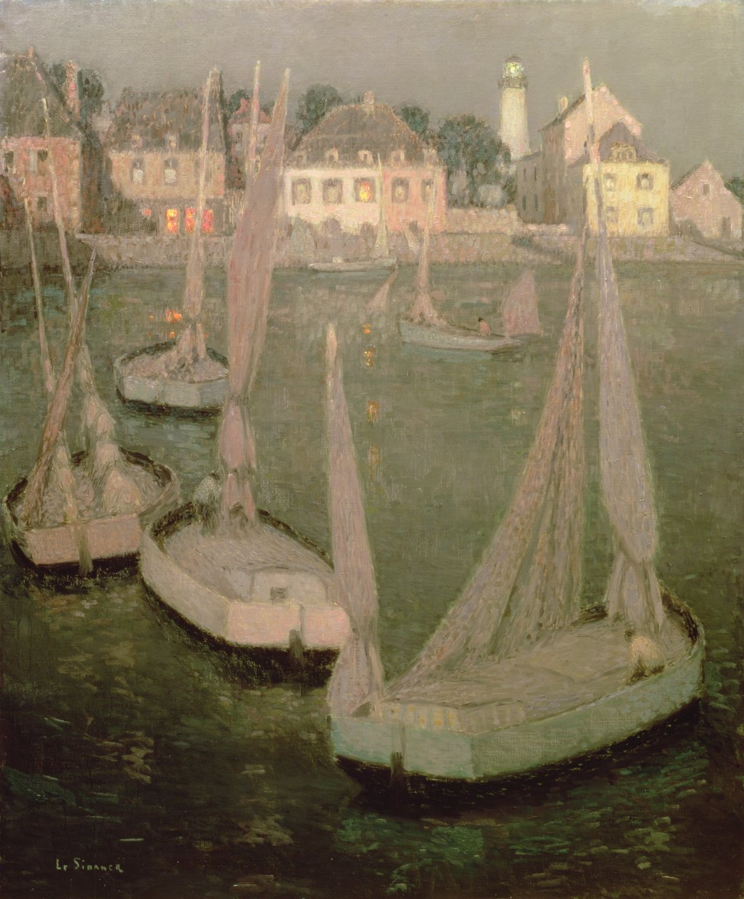Bretagne haven bij maanlicht door Henri Eugene Augustin Le Sidaner