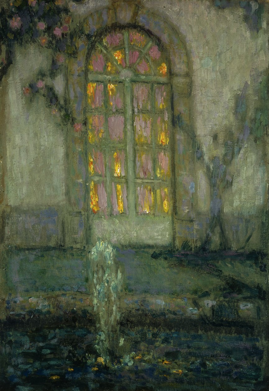 Glazen deur naar de tuin door Henri Eugene Augustin Le Sidaner