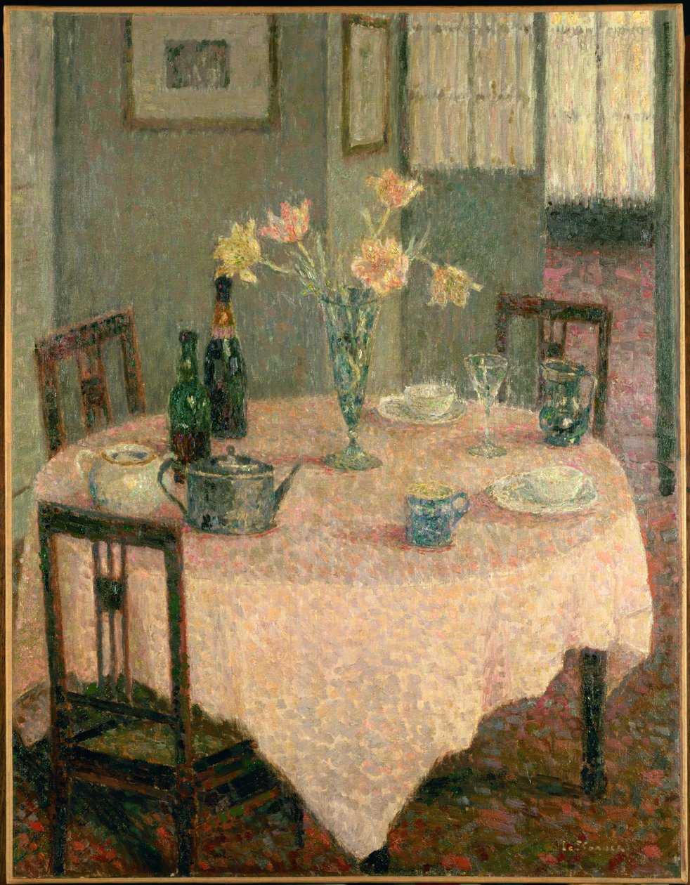 Interieur met roze tafelkleed (schilderij) door Henri Eugene Augustin Le Sidaner