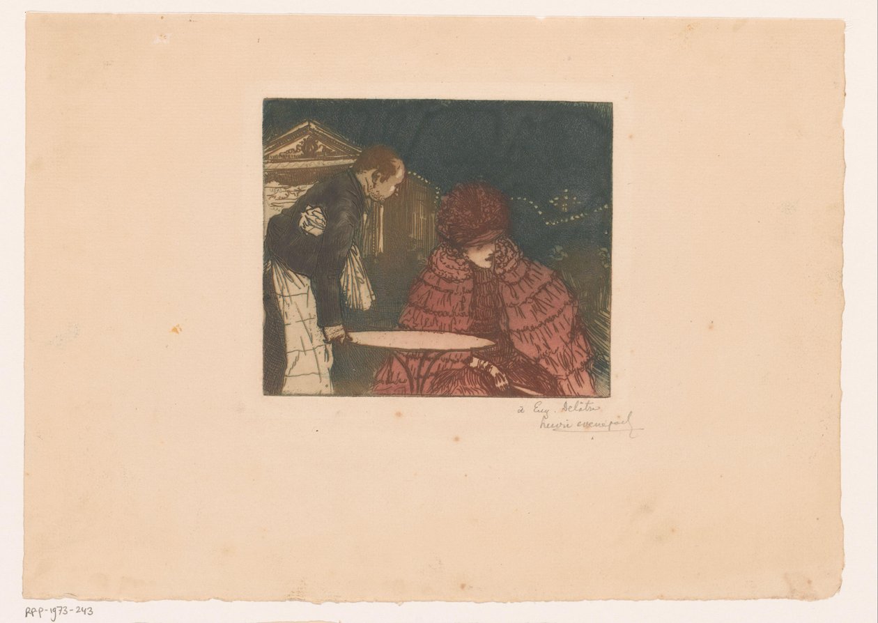 Vrouw op een terras met ober door Henri Evenepoel (signed by artist)
