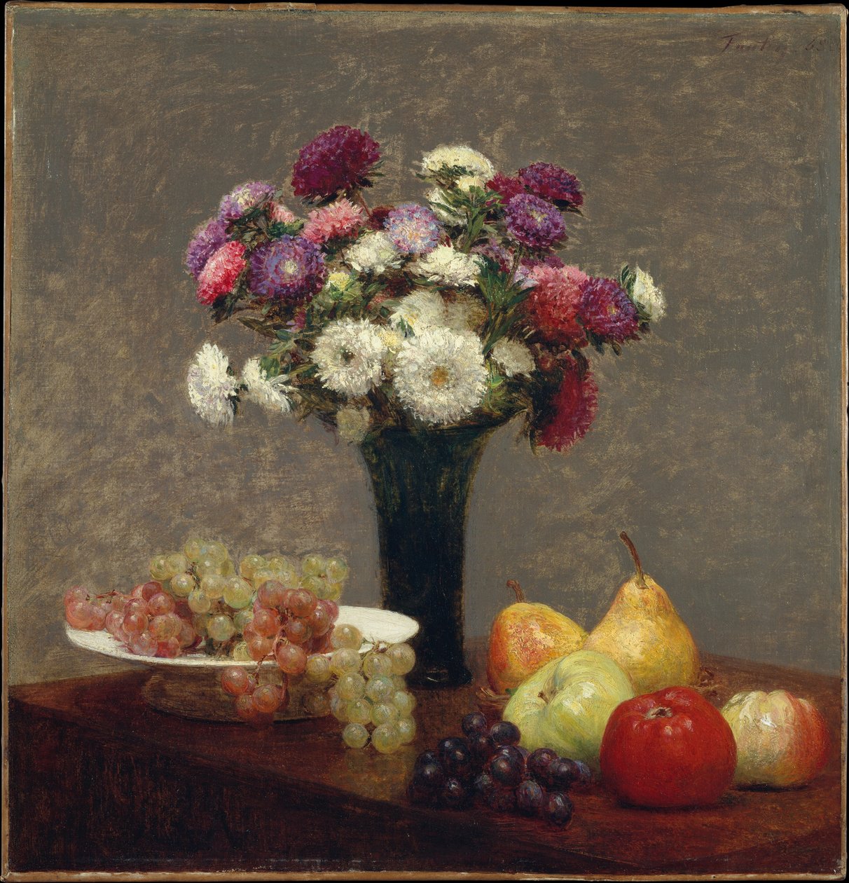 Asters en fruit op een tafel door Henri Fantin-Latour