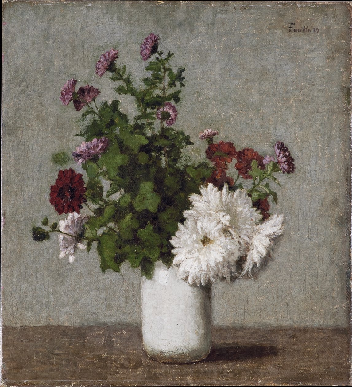 Bloemstilleven: herfstchrysanten in een witte vaas door Henri Fantin-Latour