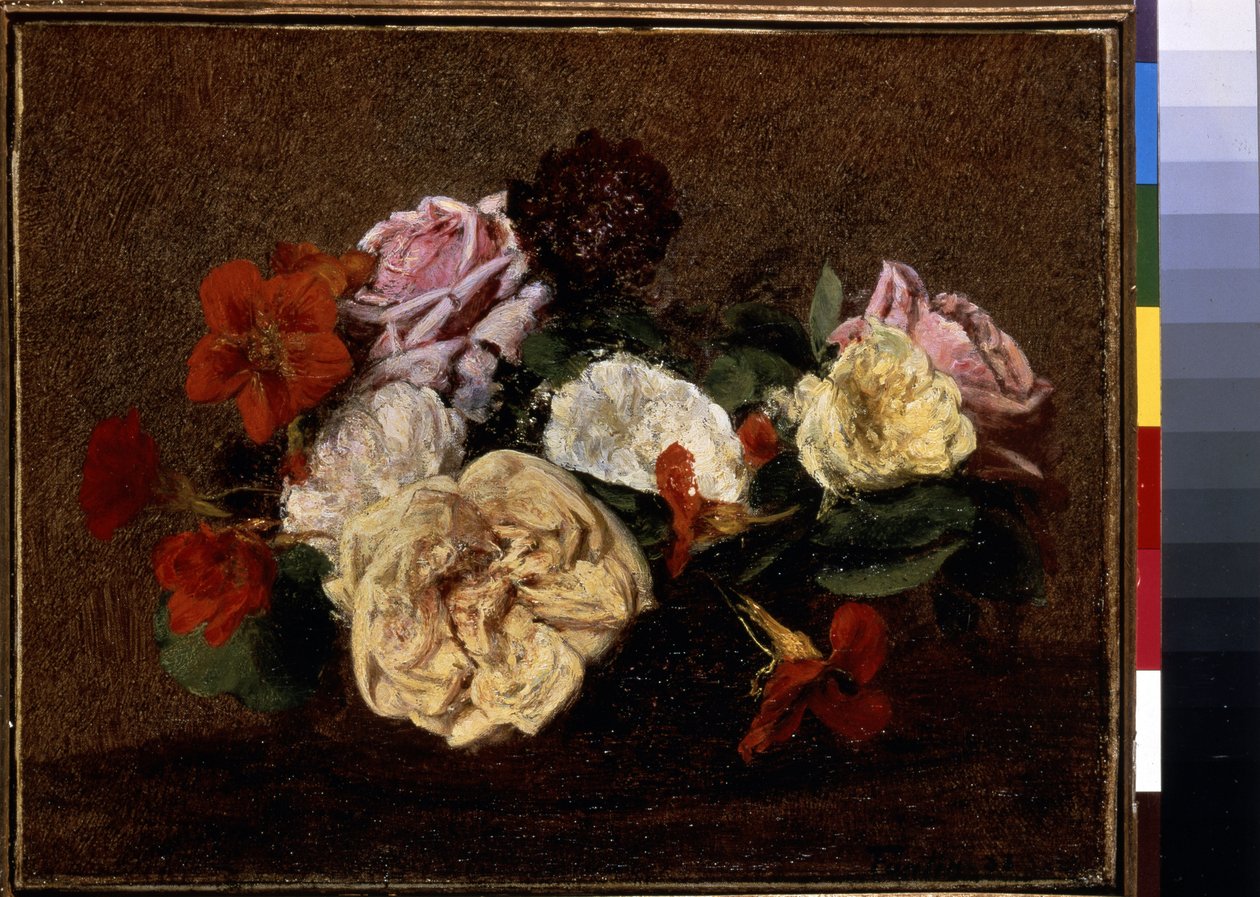 Rozen en Oost-Indische kers in een vaas door Ignace Henri Jean Fantin Latour