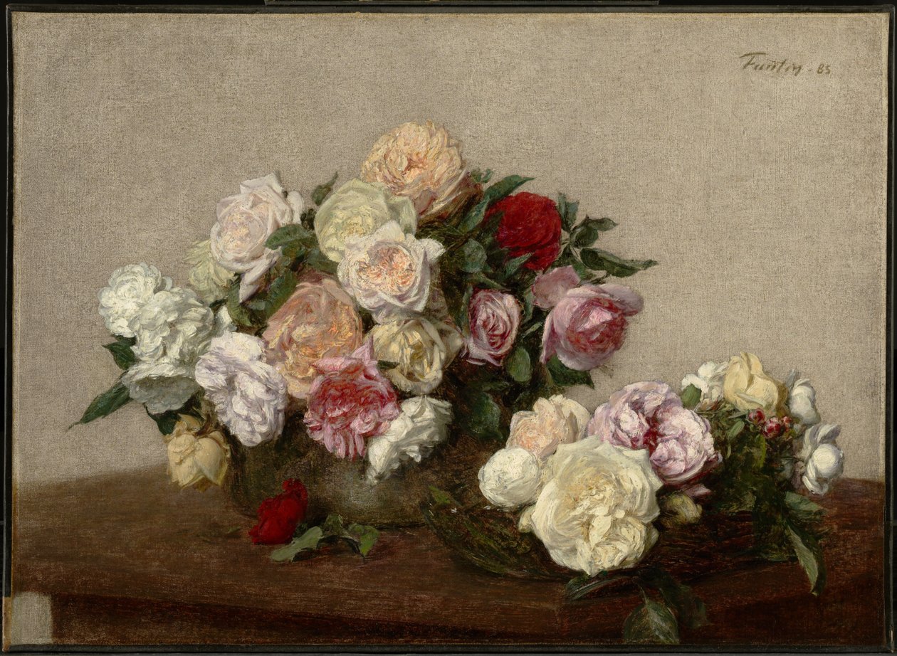 Rozen in een kom en op een schaal door Henri Fantin-Latour