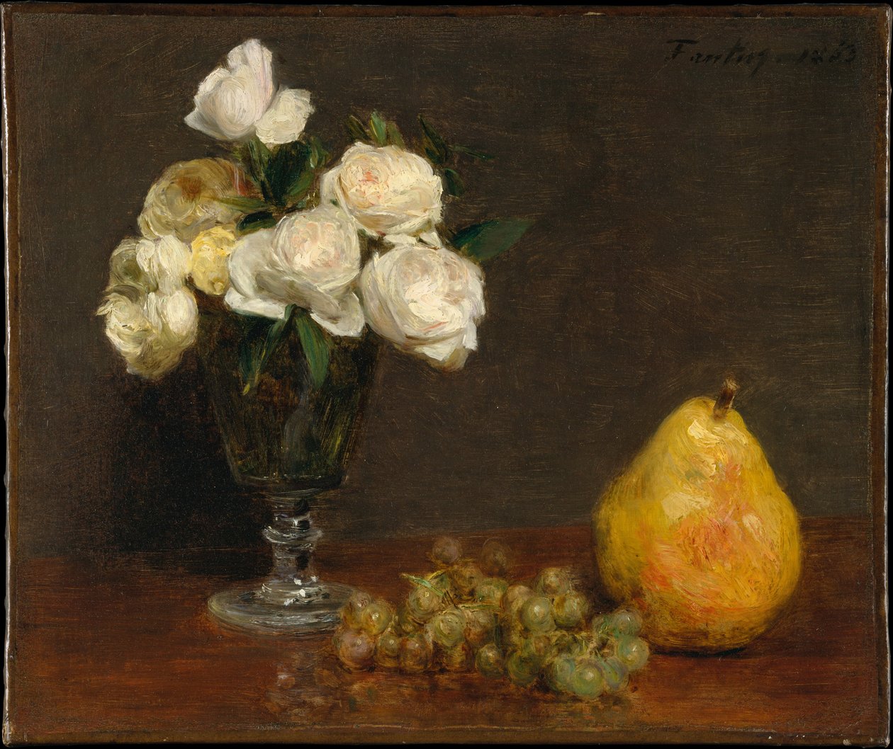 Stilleven met rozen en fruit door Henri Fantin-Latour
