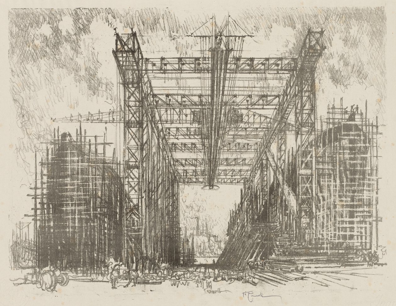 Engels Oorlogswerk: De Kraanbaan (Een Koopvaardijwerf) door Ignace Henri Jean Fantin Latour