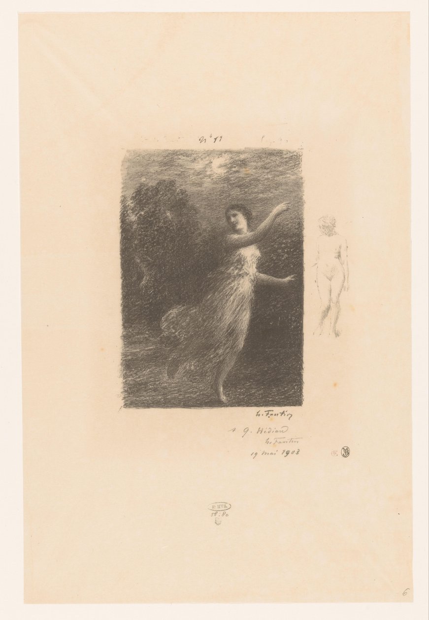 Nimf vlucht weg voor sater door Ignace Henri Jean Fantin Latour