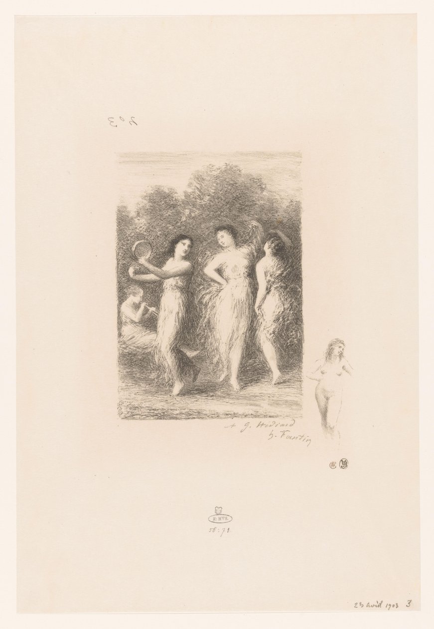 Vier jonge vrouwen dansen en maken muziek door Ignace Henri Jean Fantin-Latour