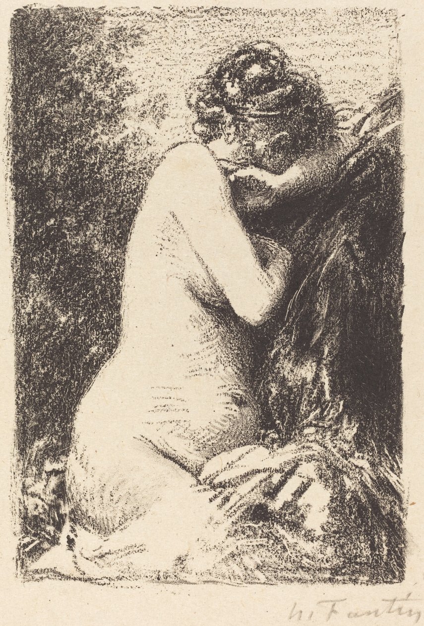 Huilende vrouw: Studie van een naakte vrouw, zittend met profiel naar rechts door Ignace Henri Jean Fantin Latour