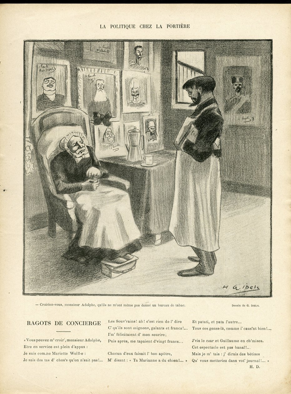 Illustratie van H. G. Ibels (1867-1936) in Le Rire, 08/01/10 - Politiek in de Portiere - Buitenlandse Soevereinen, Identifier - Loubet Emile door Henri Gabriel Ibels