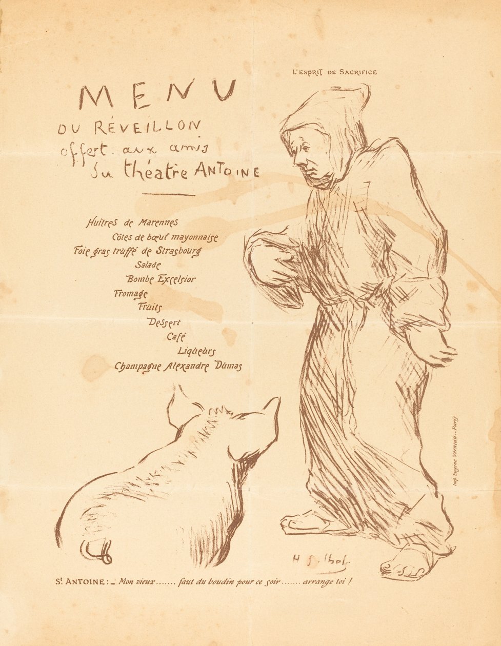 Menu van het Oudejaarsdiner aangeboden aan de vrienden van het Théâtre Antoine door Henri Gabriel Ibels
