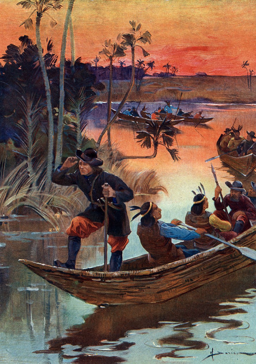 René Robert Cavelier de La Salle (1643-1687), Franse ontdekkingsreiziger en zijn metgezellen dalen de Mississippi-rivier af voor Frankrijk door Henri Gaston Darien