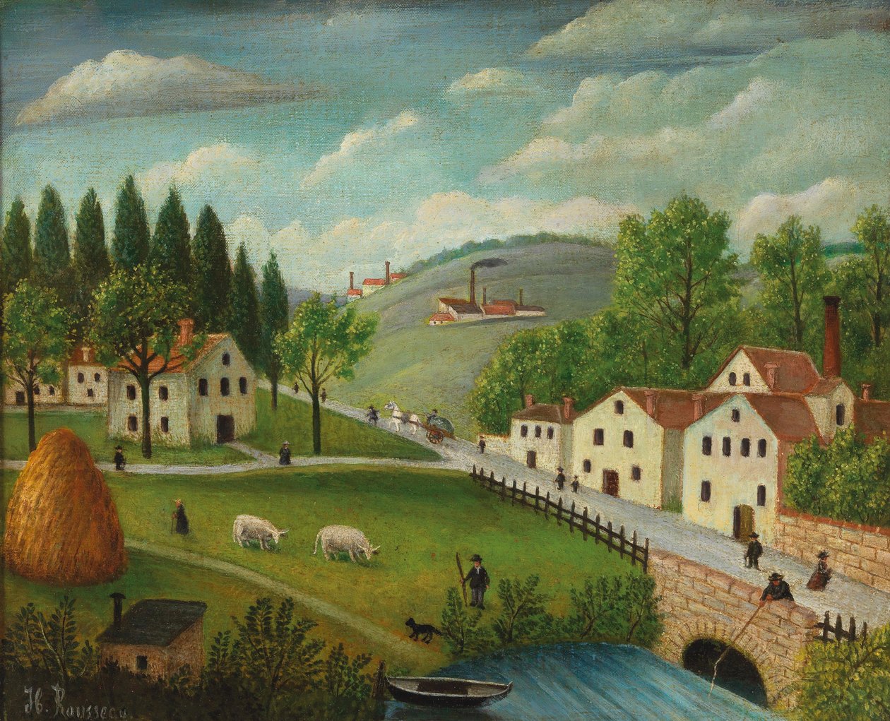 Pastoraal landschap met beek, visser en wandelaars, ca. 1875-80 door Henri J.F. Rousseau