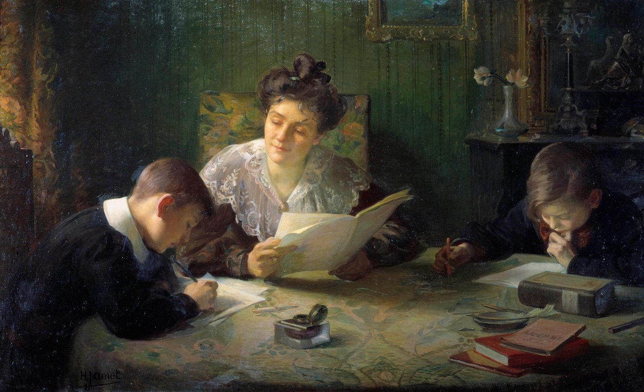 Huiswerk. Een moeder helpt kinderen met hun huiswerk. Schilderij door Henri Jamet (1858-1940) 20e eeuw Orleans, Musee des Beaux Arts door Henri Jamet