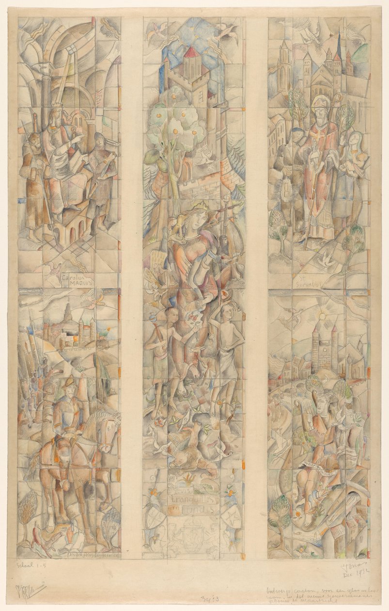 Ontwerp carton voor een glas in loodraam, in het nieuwe Gouvernements gebouw te Maastricht door Henri Jonas (signed by artist)