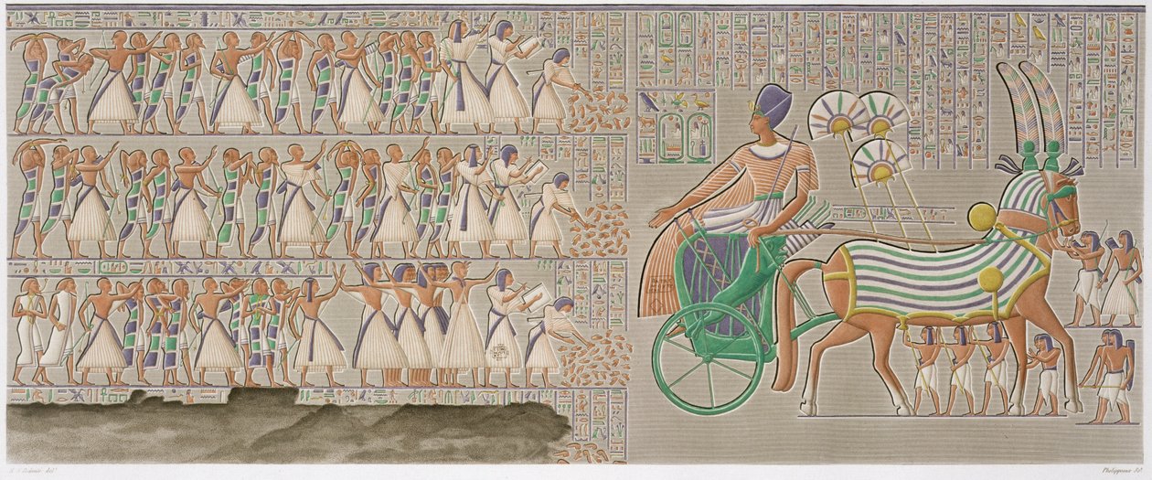 Gekleurde bas-reliëfs uit de zuidelijke galerij van de peristijl van het paleis, plaat 12 uit Vol II van `Descriptions of Egypt`, gegraveerd door Antoine Phelippeaux (b.1767) 1822 door Henri Joseph (after) Redoute