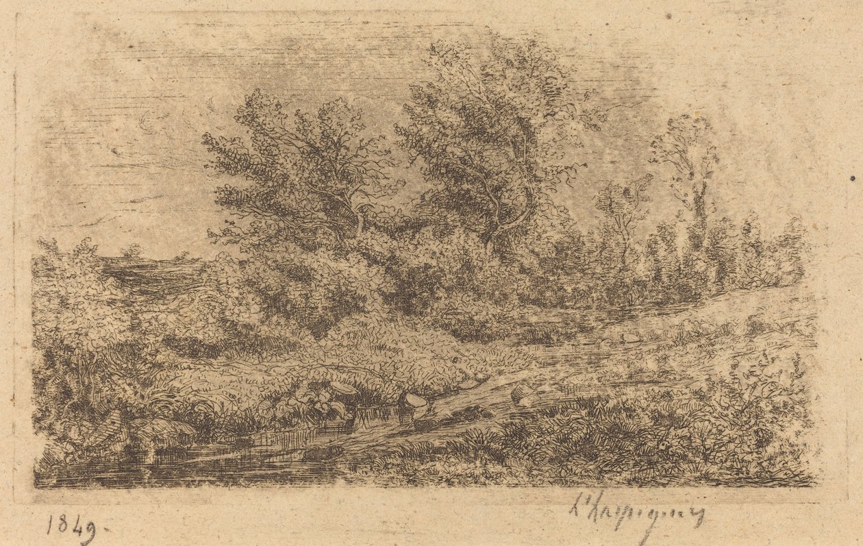 Boomgroep bij een Rivier (Stand of Trees on a River) door Henri Joseph Harpignies