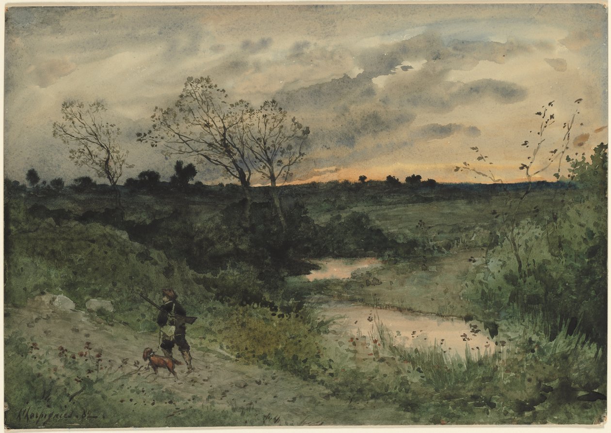 Dageraad—Jager met hond door Henri Joseph Harpignies