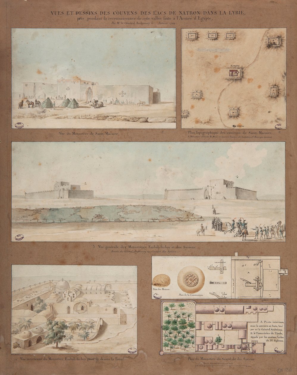 Zes uitzichten en tekeningen van het Natronmeer in Libië, gemaakt tijdens de verkenningsmissie van het Egyptische Leger onder leiding van Generaal Andreossy, 1799 door Pierre Joseph Redouté