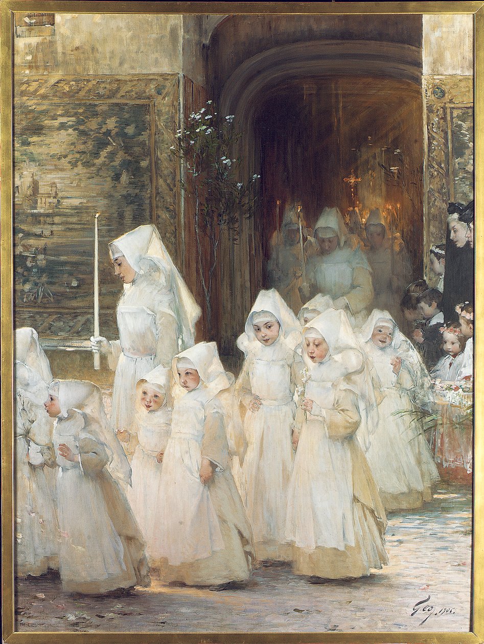 Processie van jonge meisjes op de dag van hun vormsel, L