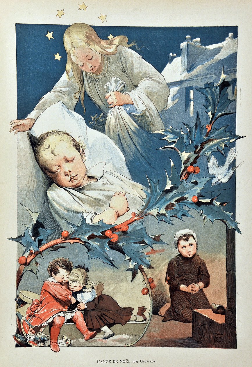 De engel van Kerstmis. Illustratie door Jean GEOFFROY (1853-1924) Gravure van 1887 in "Paris-Illustrous journal weekly". door Henri Jules Jean Geoffroy