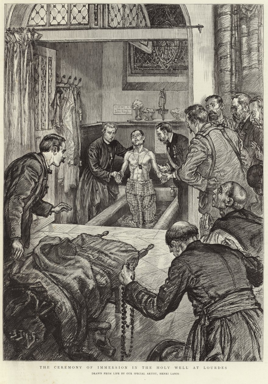De ceremonie van onderdompeling in de Heilige Bron in Lourdes (litho) door Henri Lanos