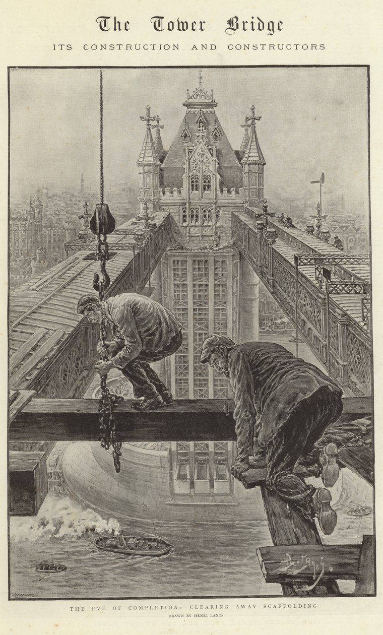 De Tower Bridge, de bouw en de bouwers (litho) door Henri Lanos