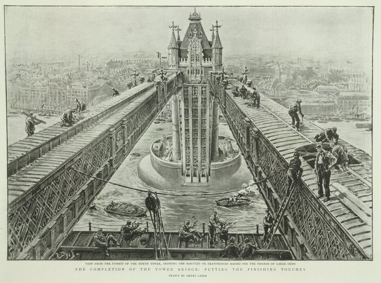 De voltooiing van de Tower Bridge: de laatste hand leggen, uit The Graphic, 23 juni 1894 (gravure) door Henri Lanos