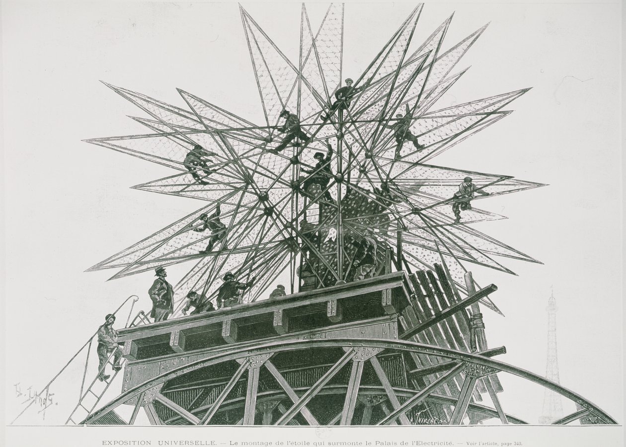 Universele Expositie van 1900: Installatie van de ster op het Paleis van Elektriciteit (gravure) door Henri Lanos