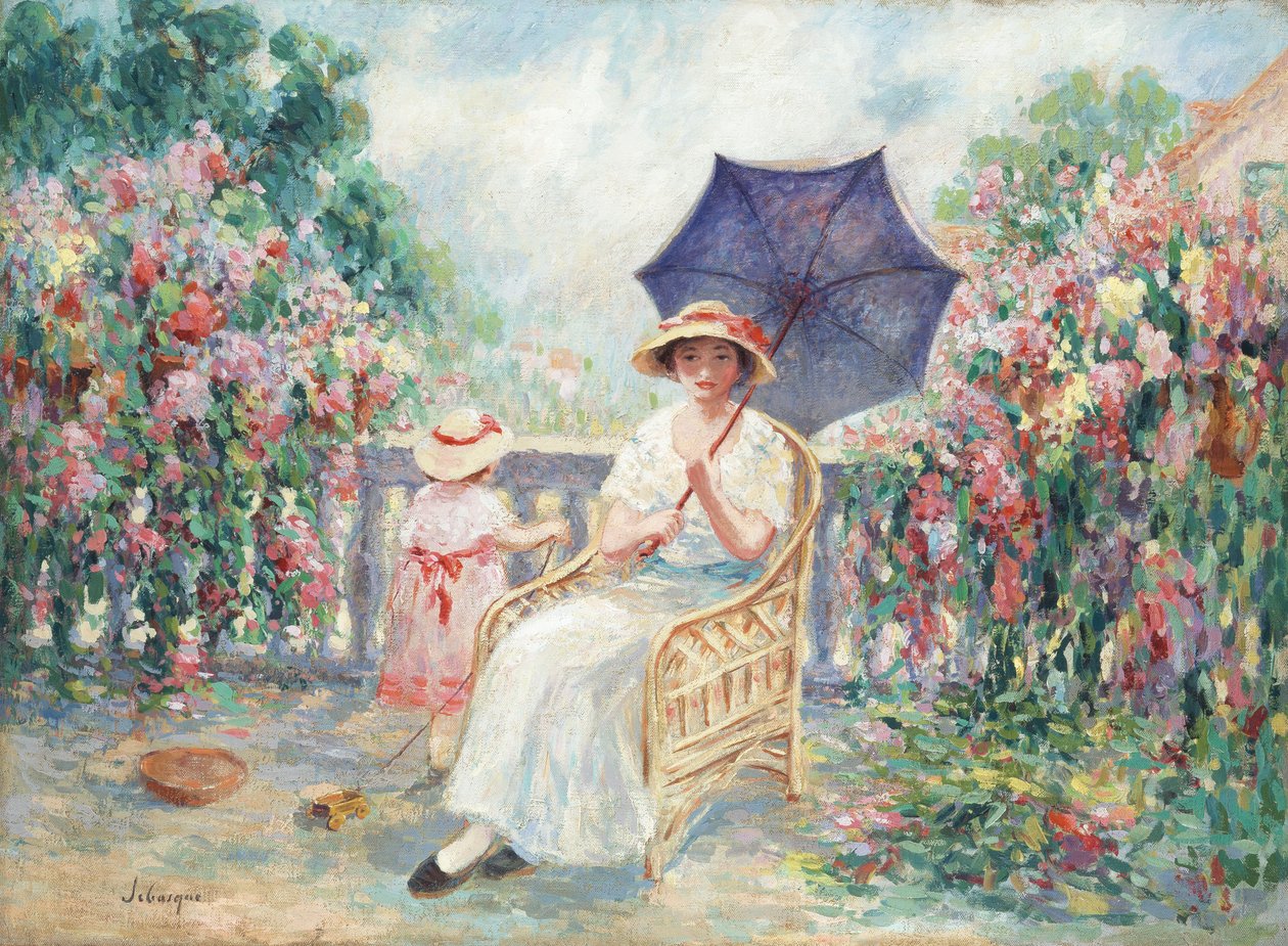 Jong meisje en kind op een terras, 1914-15 door Henri Lebasque