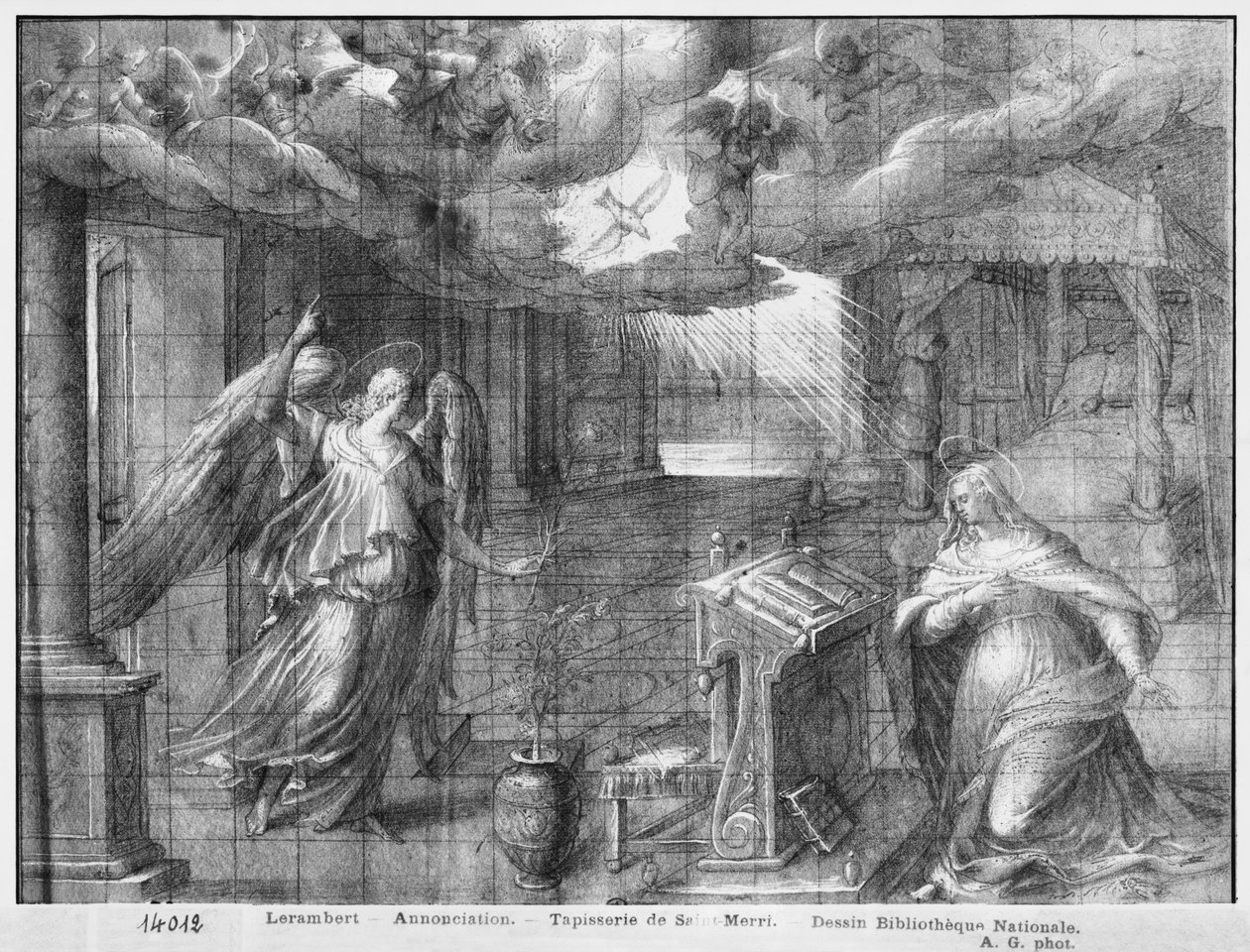 Leven van Christus, Annunciatie, voorbereidende studie van tapijtkarton voor de kerk Saint-Merri in Parijs, c.1585-90 door Henri Lerambert
