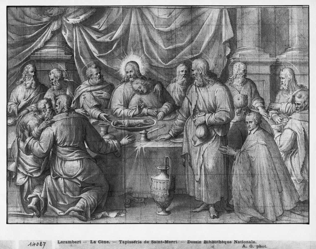 Leven van Christus, het Laatste Avondmaal, voorbereidende studie van tapijtkarton voor de kerk Saint-Merri in Parijs, c.1585-90 door Henri Lerambert