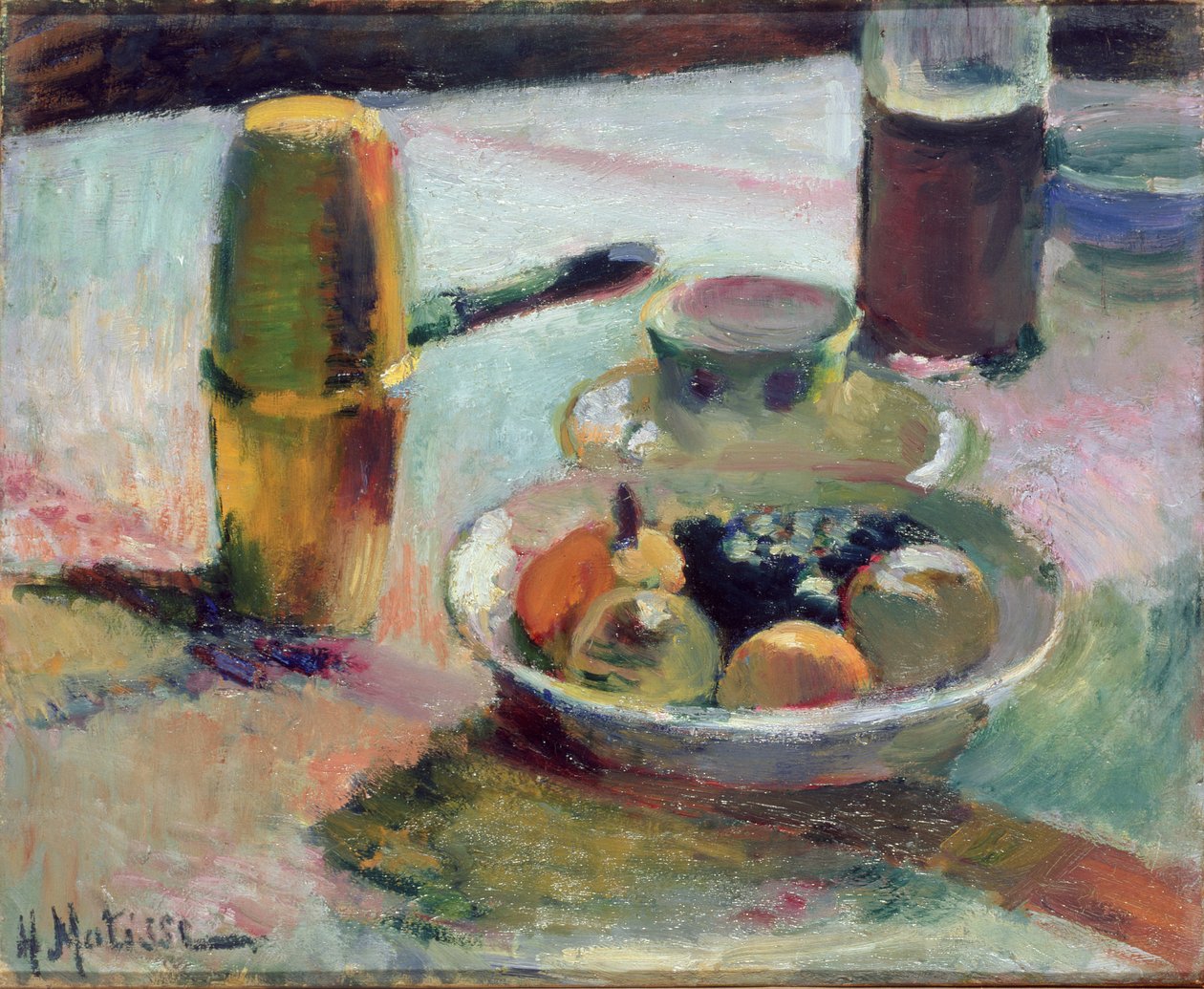 Fruit en koffiepot, ca. 1898 (olieverf op doek) door Henri Matisse